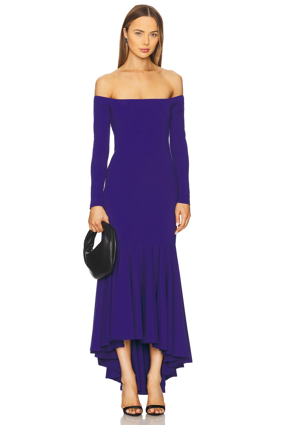 Susana Monaco Off Shoulder Long Sleeve High Low Dress in Frozen