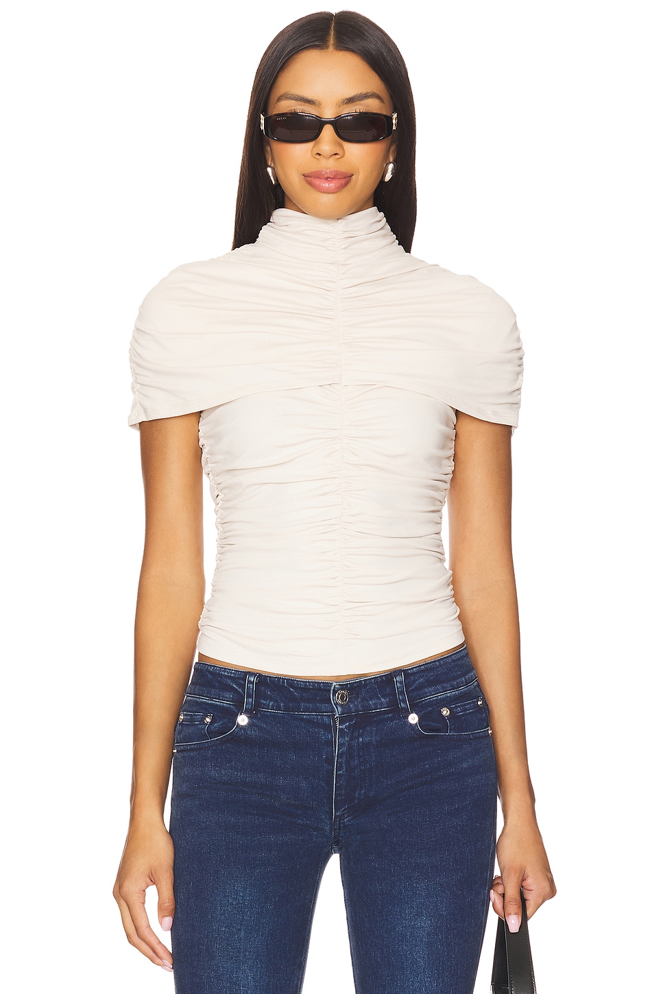 Mock Neck Overlay Gathered Top