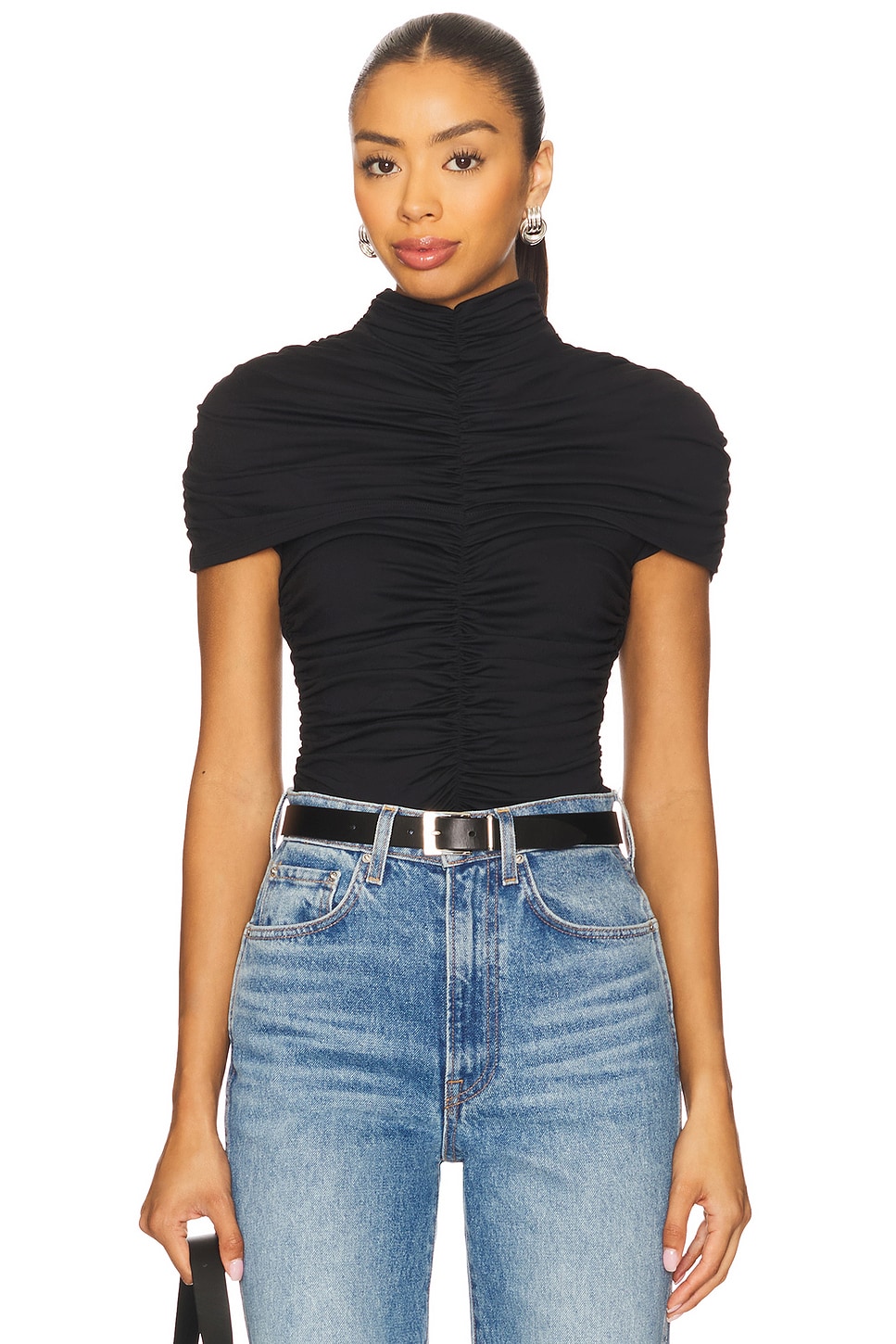 Susana Monaco Mock Neck Overlay Gathered Top in Black | REVOLVE