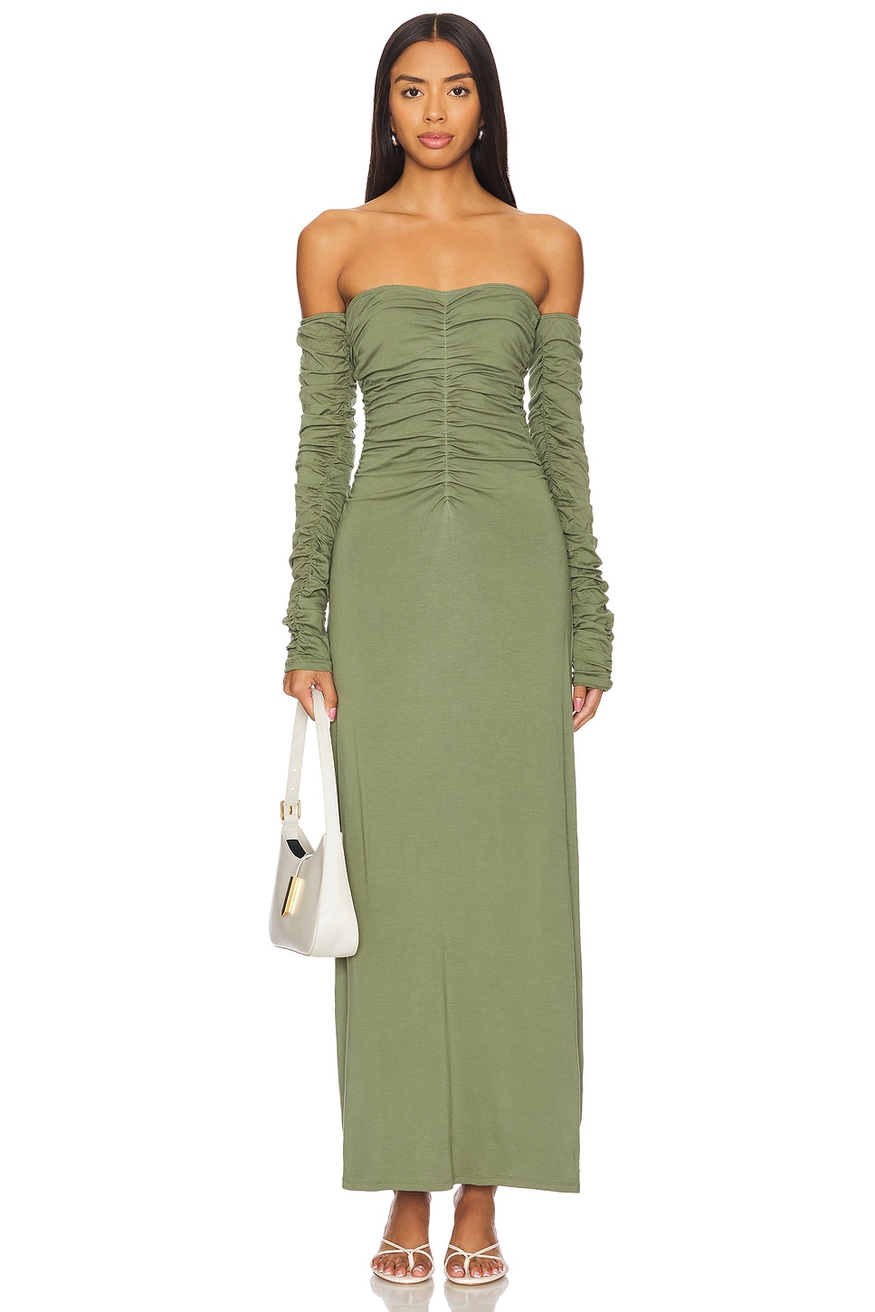 swf green dress Ruched Long Sleeve Maxi in Utilitarian style_Embroidered