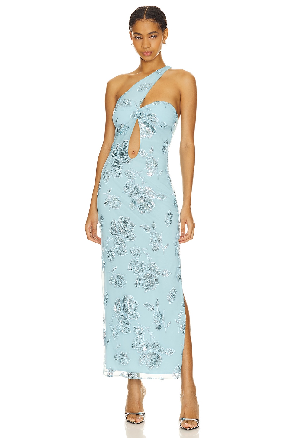 ROTATE Beaded Cut Out Dress in Embellished Flower Embroidery Blue Topaz REVOLVE