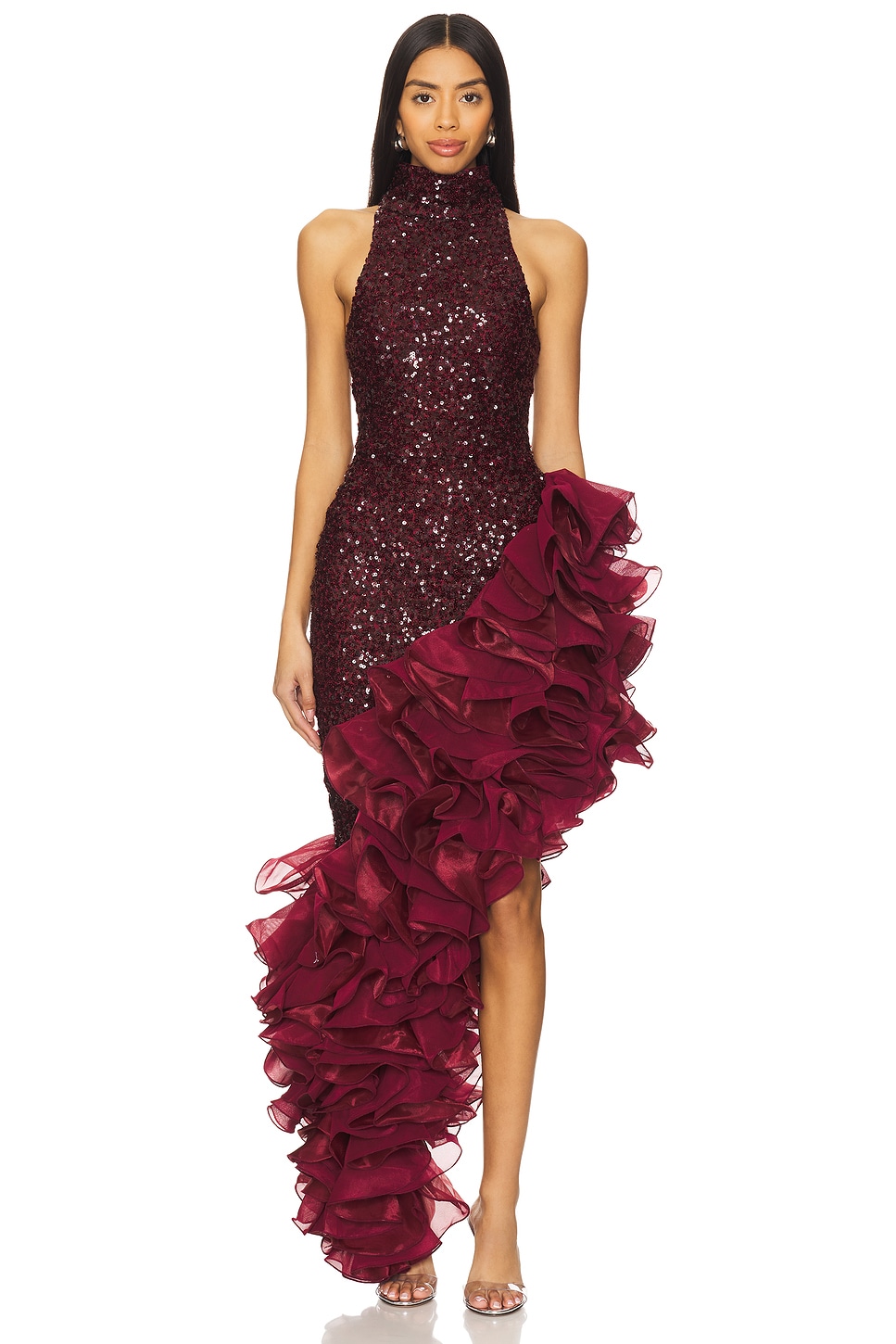 ROTATE Sequins Midi Ruffle Dress in Zinfandel | REVOLVE