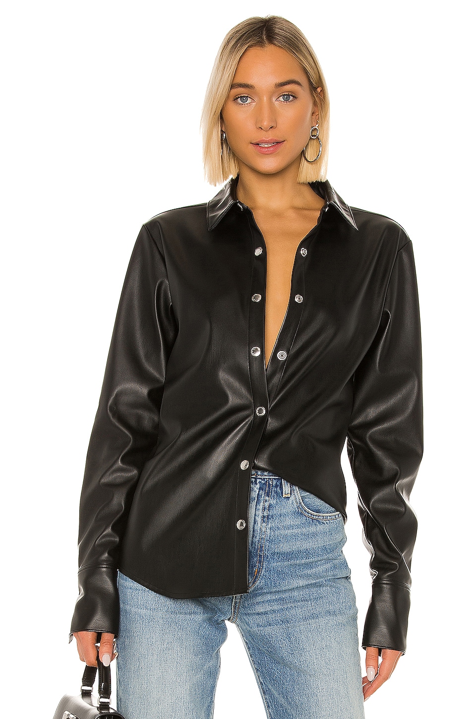 T by Alexander Wang Stretch Washable Faux Leather Blouse in Black | REVOLVE