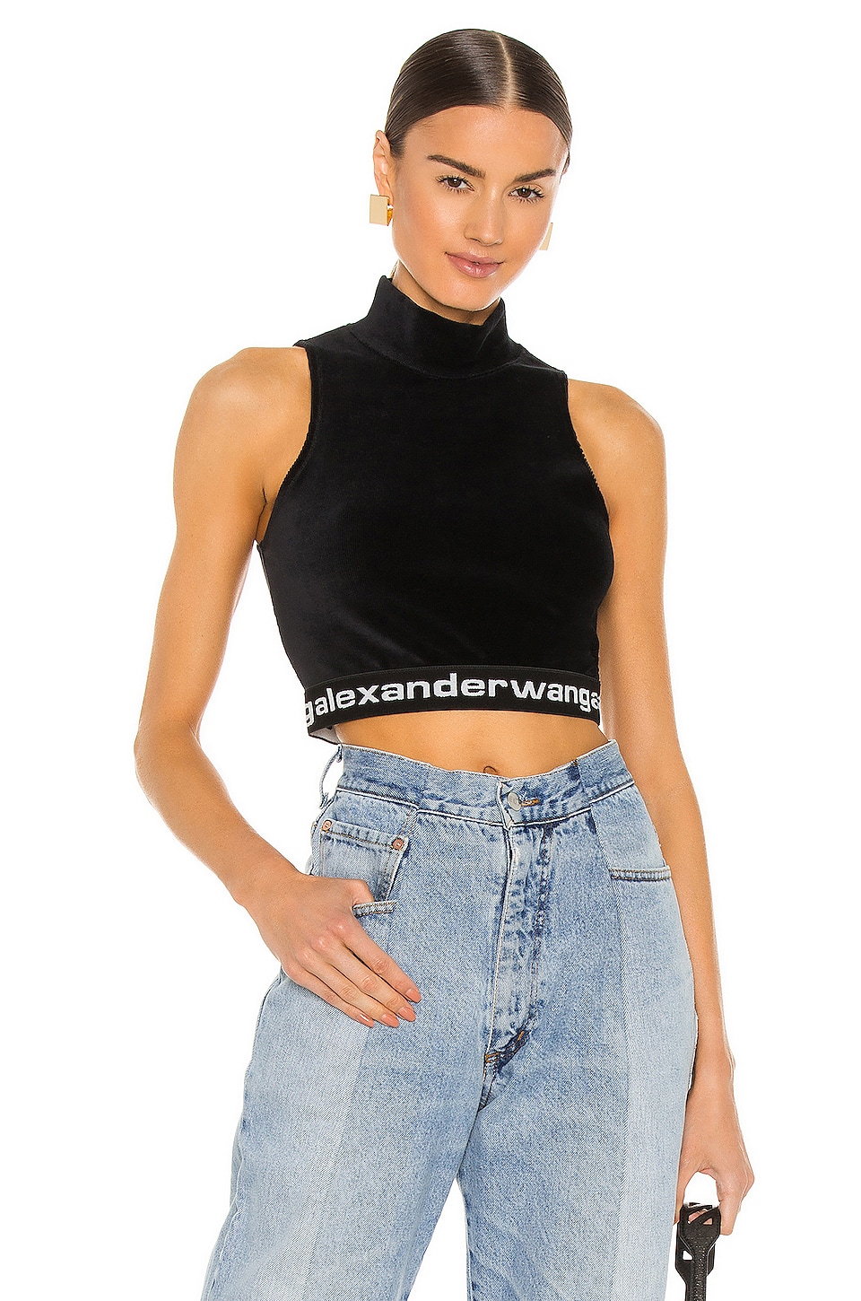 T by Alexander Wang Stretch Cord Sleeveless Mock Neck Tank in Black