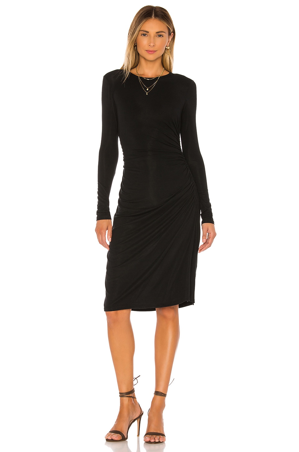 Theory Long Sleeve Gather Waist Dress in Black | REVOLVE