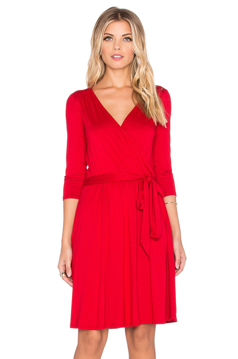 three dots 3/4 Sleeve Wrap Dress in Red Graffiti | REVOLVE