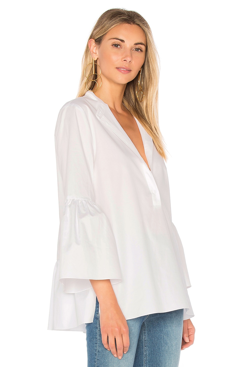 Tibi Tunic With Shirred Back & Bell Sleeve in White | REVOLVE