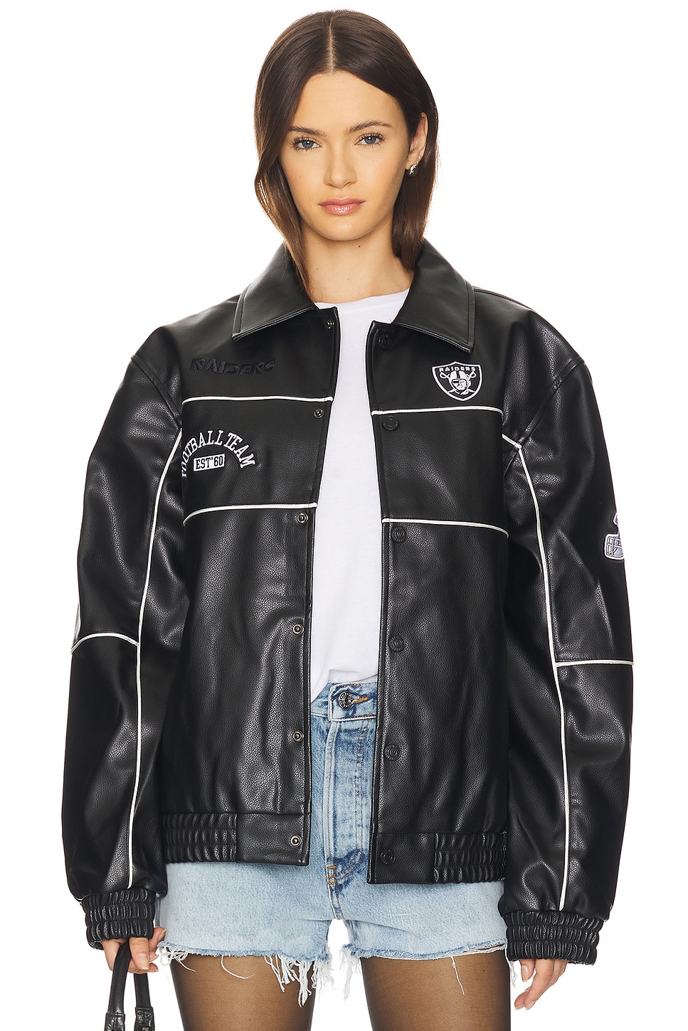 The Wild Collective Raiders Faux Leather Racing Jacket in Black