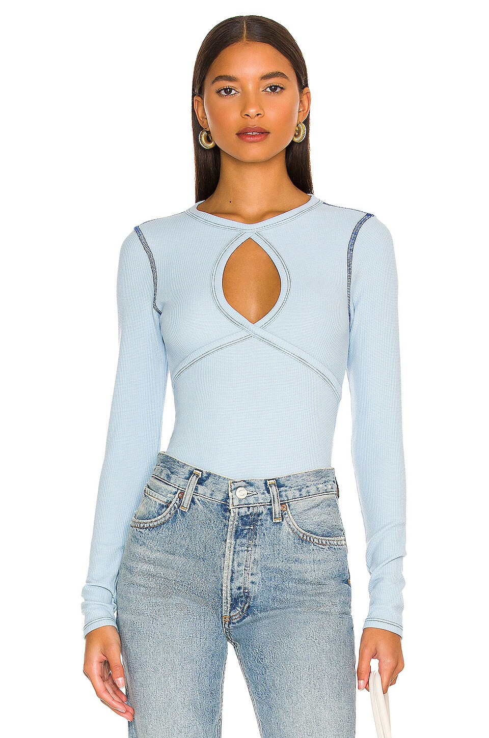 The Line by K Elishe Top in Powder Blue & Navy Contrast Stitching | REVOLVE