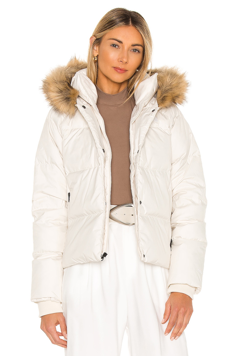 The North Face Dealio Down Crop Jacket With Faux Fur Trim In Vintage White Revolve