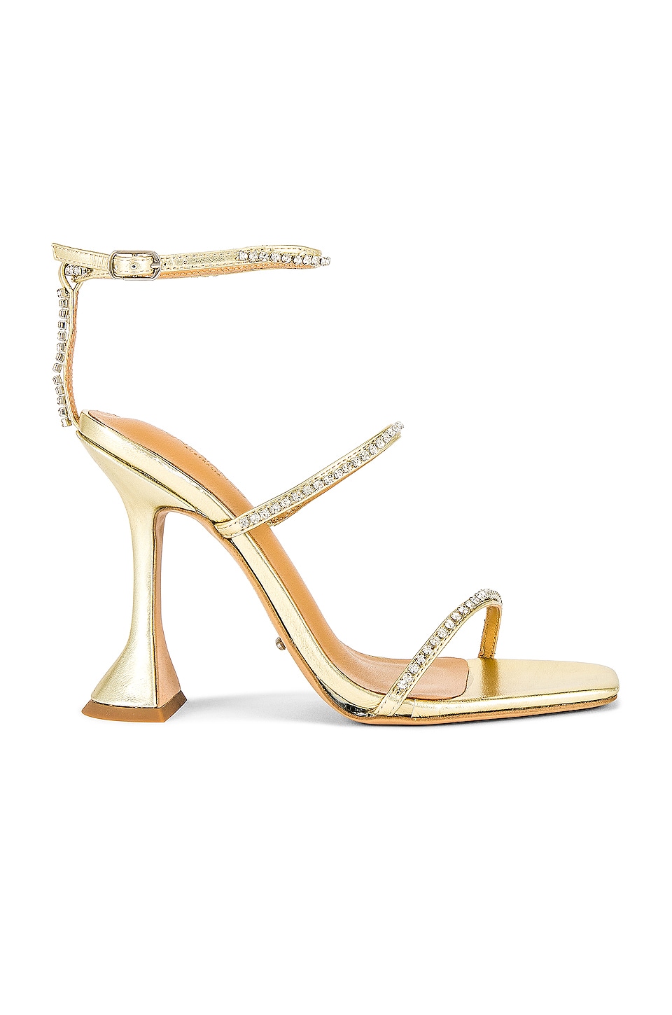 Gold Tony Bianco heels that look like Amina Muaddi 