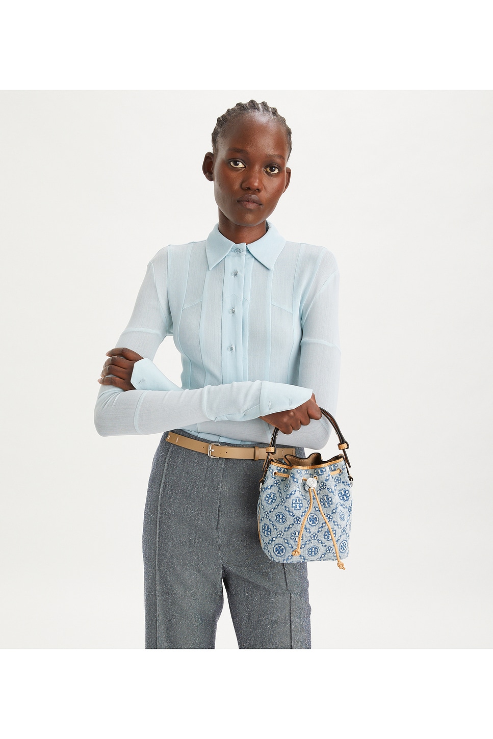 Tory Burch T Monogram Denim Mini Bucket Bag in Powder Blue Tory Burch T Monogram Denim Mini Bucket Bag in Powder Blue