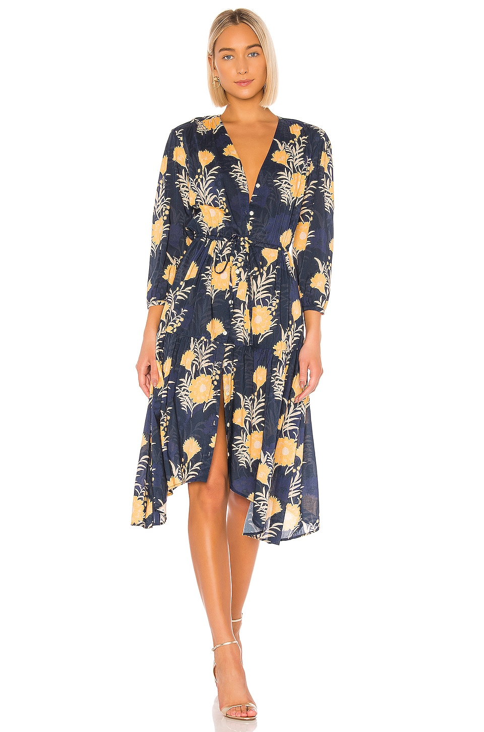 Birds of Paradis by Trovata Ainsley Boho Dress in Navy & Gold Floral