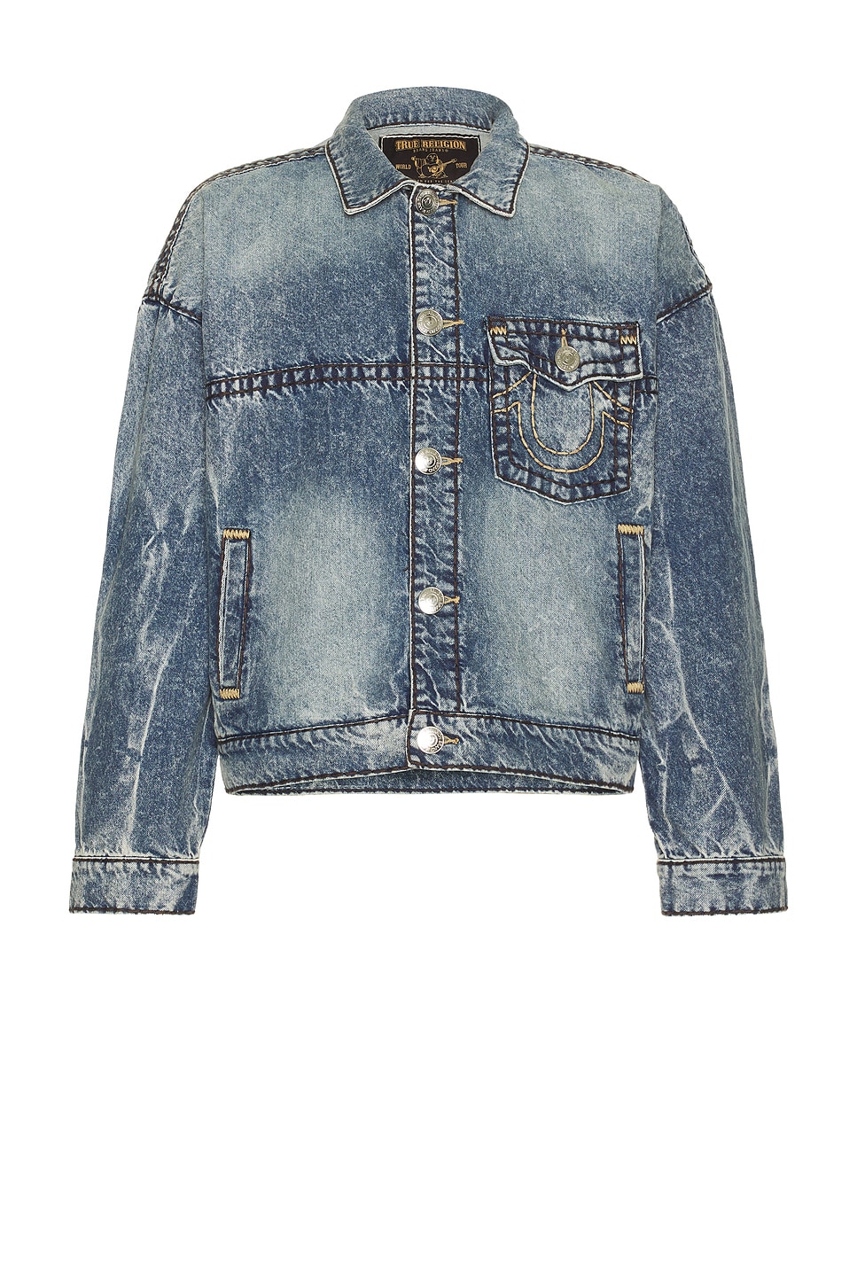 True Religion Super T Cropped Denim Jacket in Blue Denim | REVOLVE