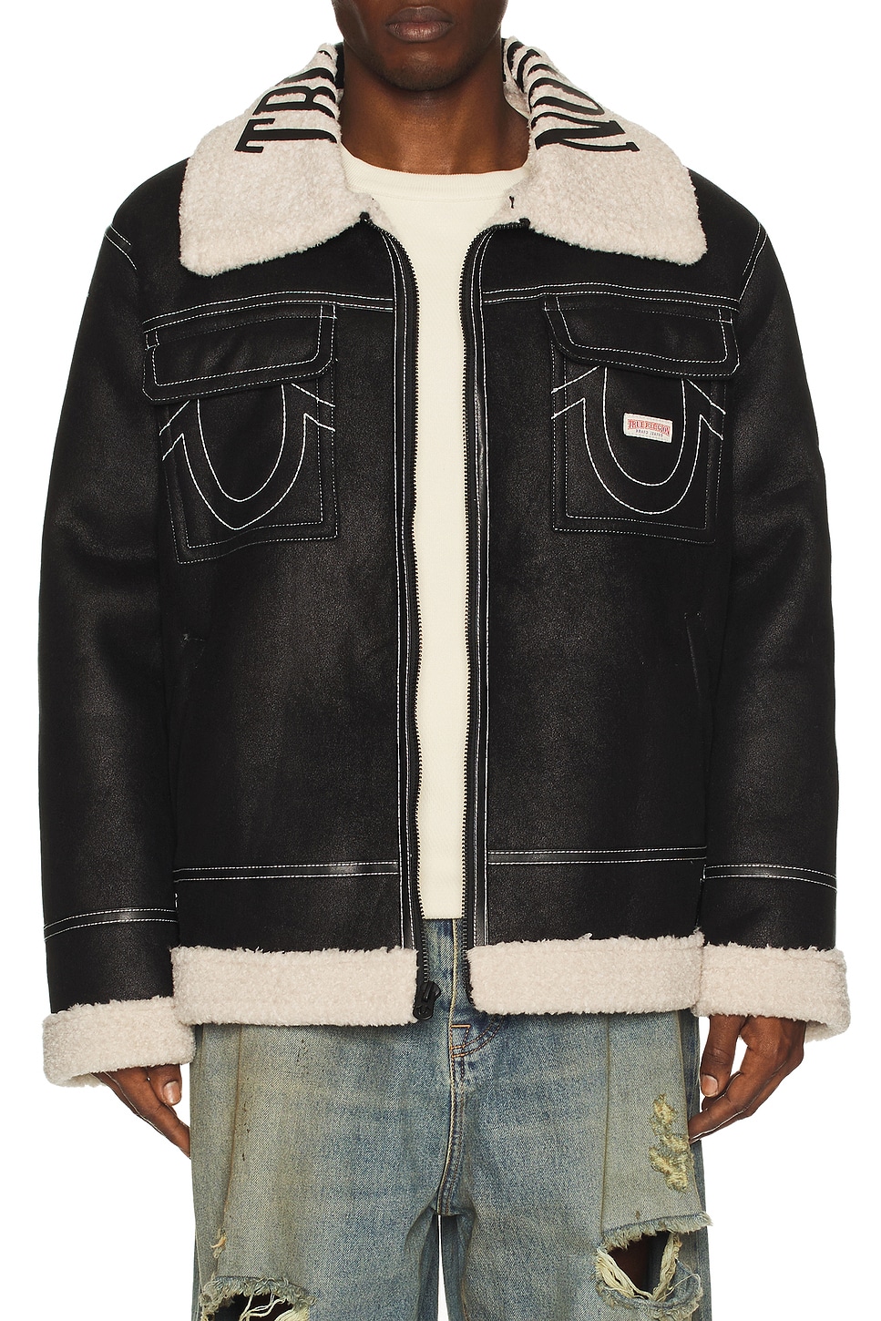 True Religion Sherpa Faux Leather Jacket in Jet Black | REVOLVE