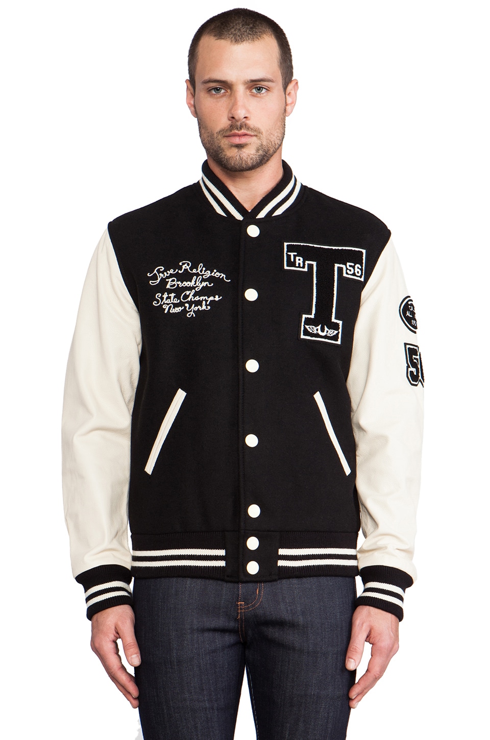 True Religion Richie Letterman Jacket in Black | REVOLVE