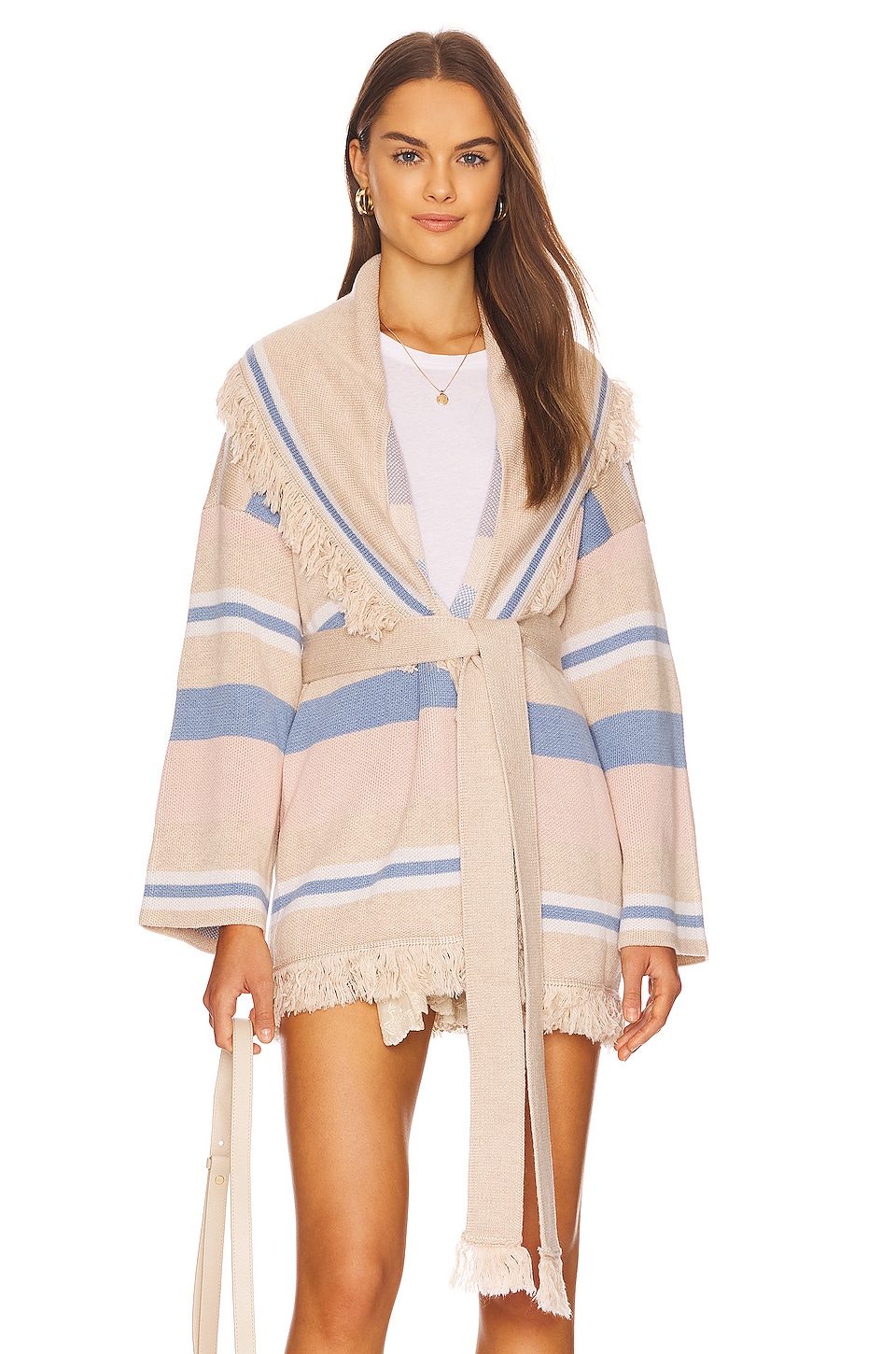 Tularosa Atlas Blanket Stripe Fringe Cardigan in Nude & Blue Multi
