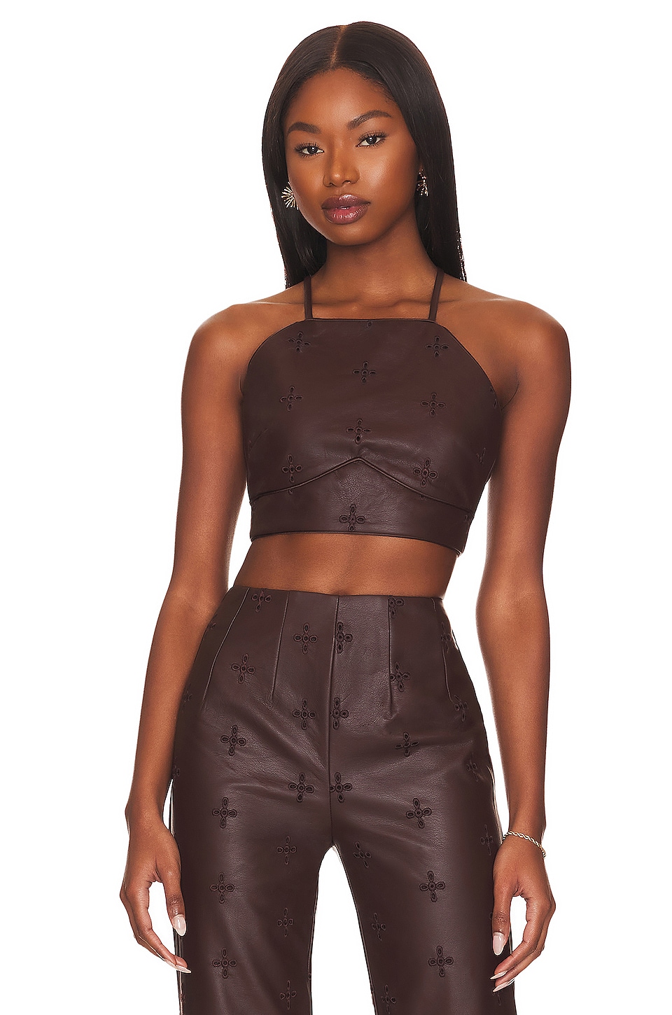 Tularosa Sara Embroidered Faux Leather Top in Chocolate Brown