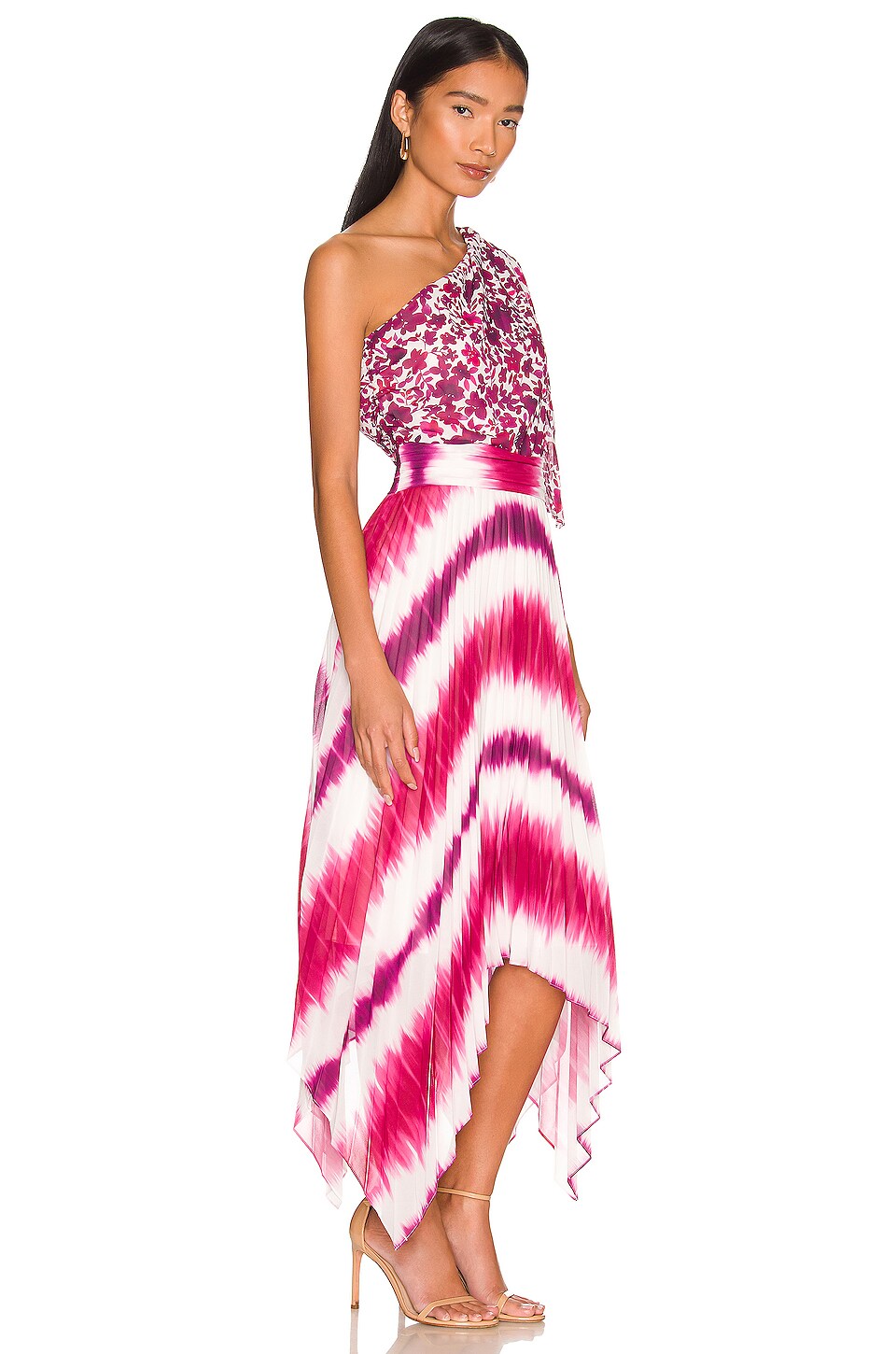 AMUR Saanvi One Shoulder Dress in Barberry Watercolor Botanical