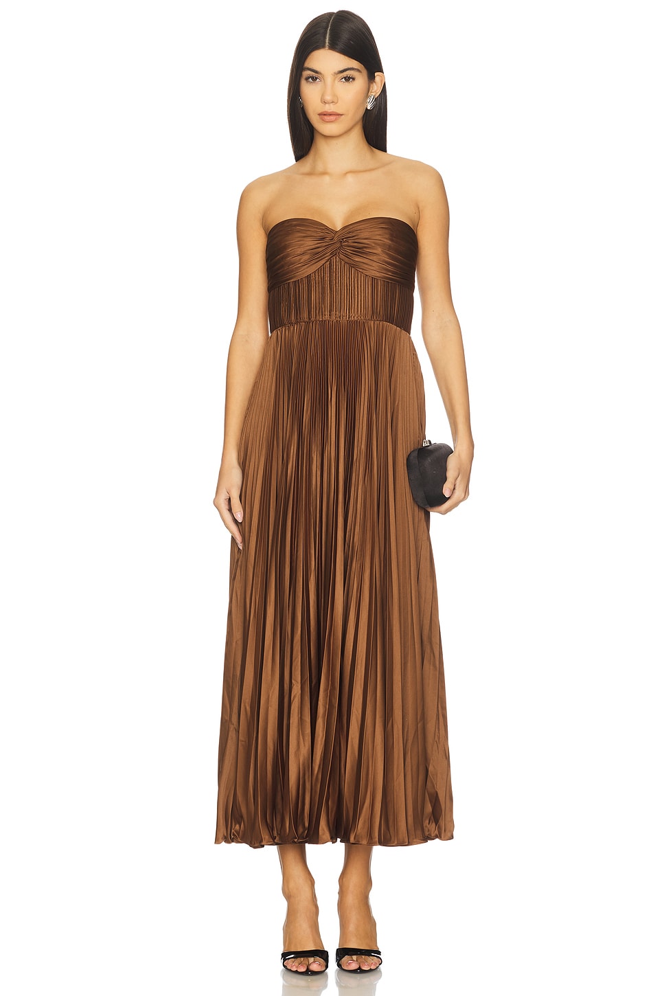 amur belle pleated dress AMUR - Ruched Bustier Pleated Ankle Gown