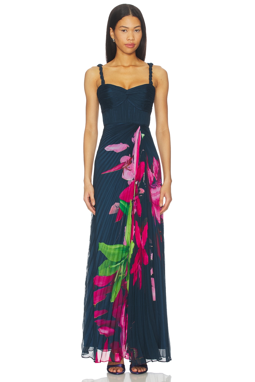 amur viola pleated floral dress AMUR | Dresses | Amur Womens Floral Tiered Pleated Viola Floral Midi Dress  Blue Pink Size
