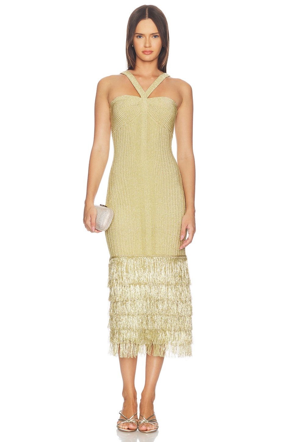 gold knit midi dress Gold Knit Taffeta Midi Dress