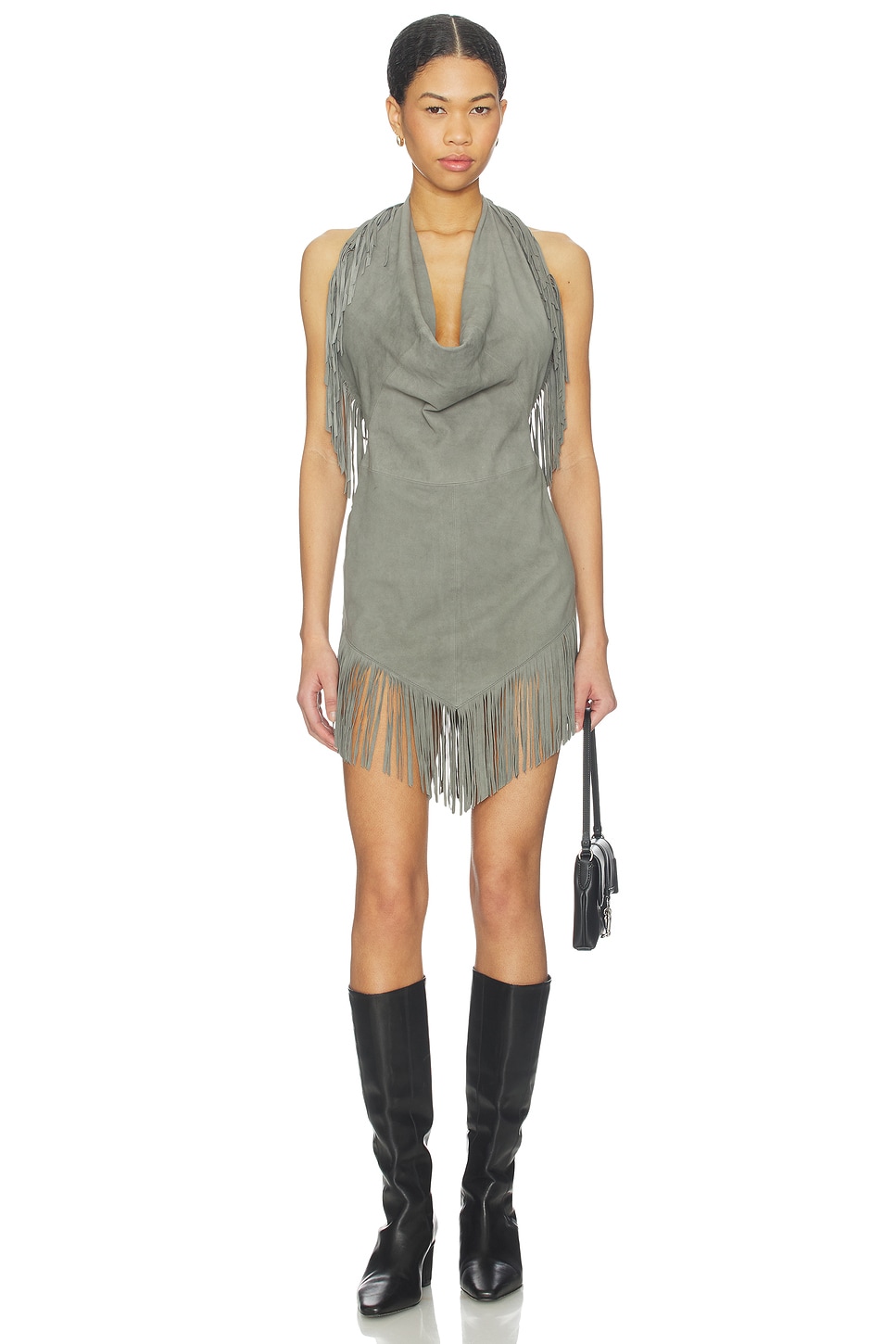 Understated Leather Fringe Mini Dress in Agave Green | REVOLVE