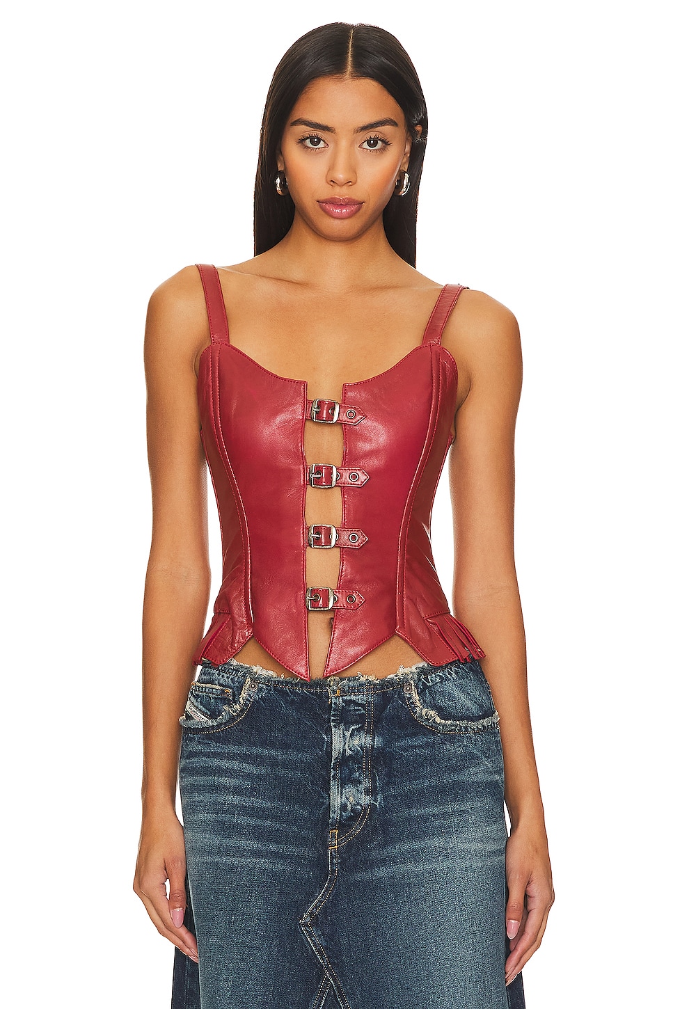 Understated Leather Finish Line Corset Top in Rusty Red