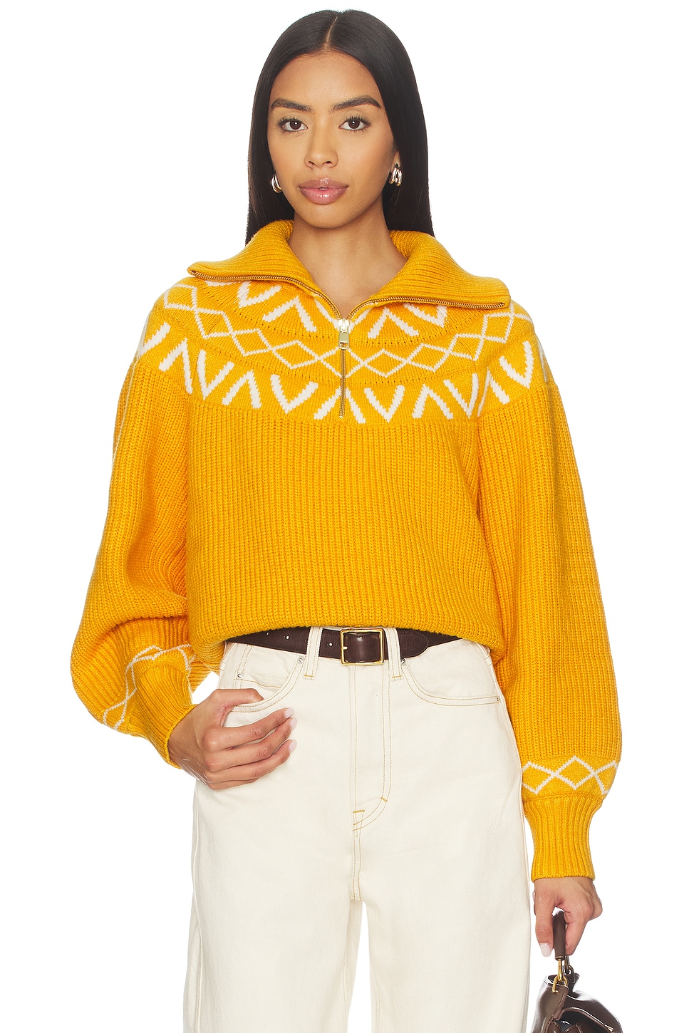 Varley Sigrid Fairisle Half Zip Knit Sweater in Alpine Gold | REVOLVE