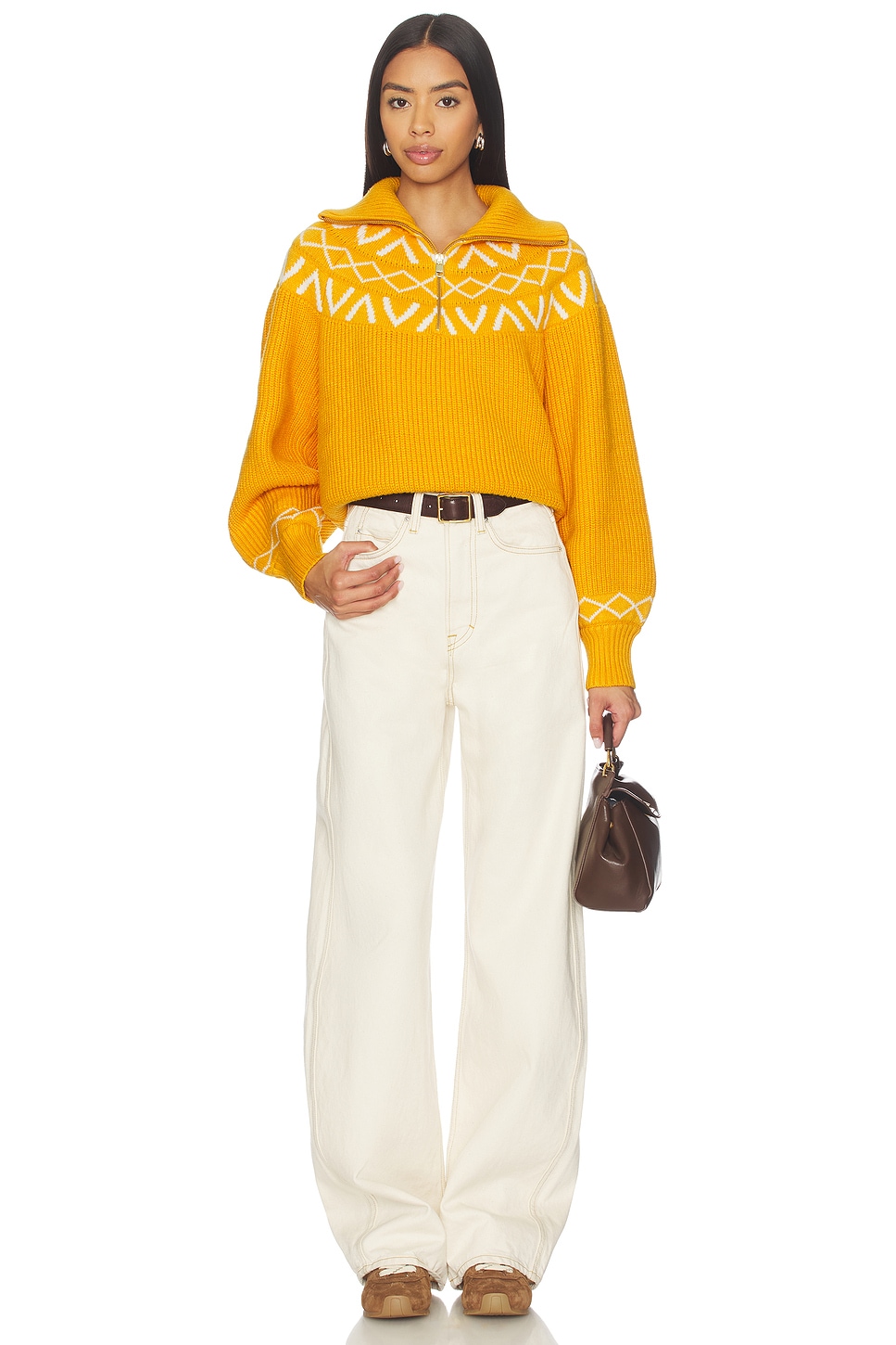 Varley Sigrid Fairisle Half Zip Knit Sweater in Alpine Gold | REVOLVE