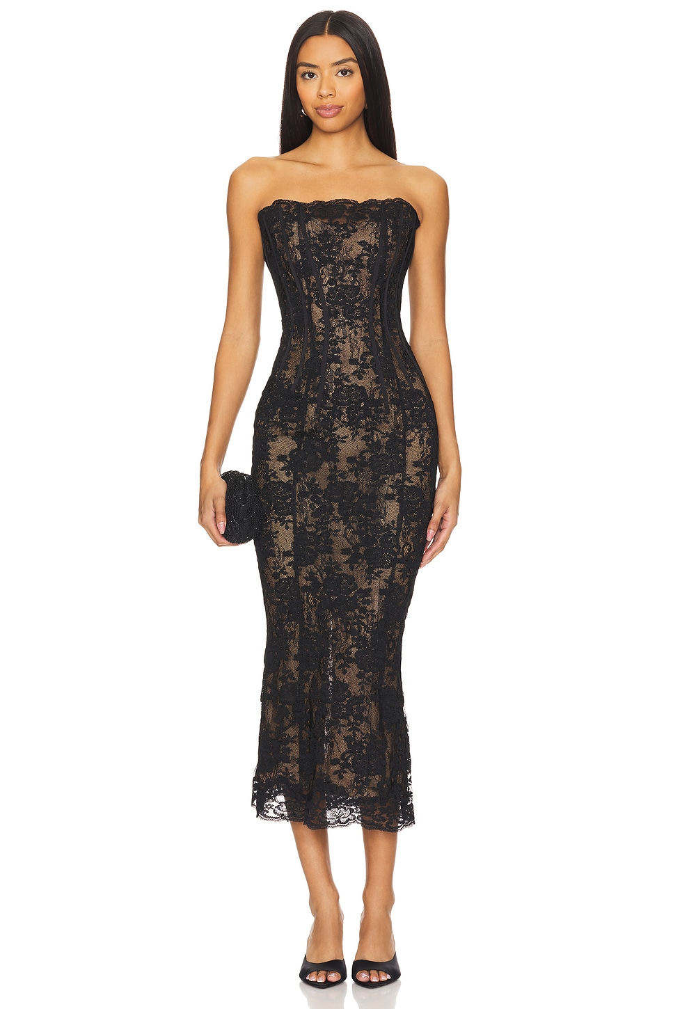 v chapman capulet strapless corset chantilly lace midi dress Meet The Capulet Dress in white Chantilly Lace she is made with a built-in corset to keep you cinched and has white satin details that accentuate you in all the right places! Launching soon!!