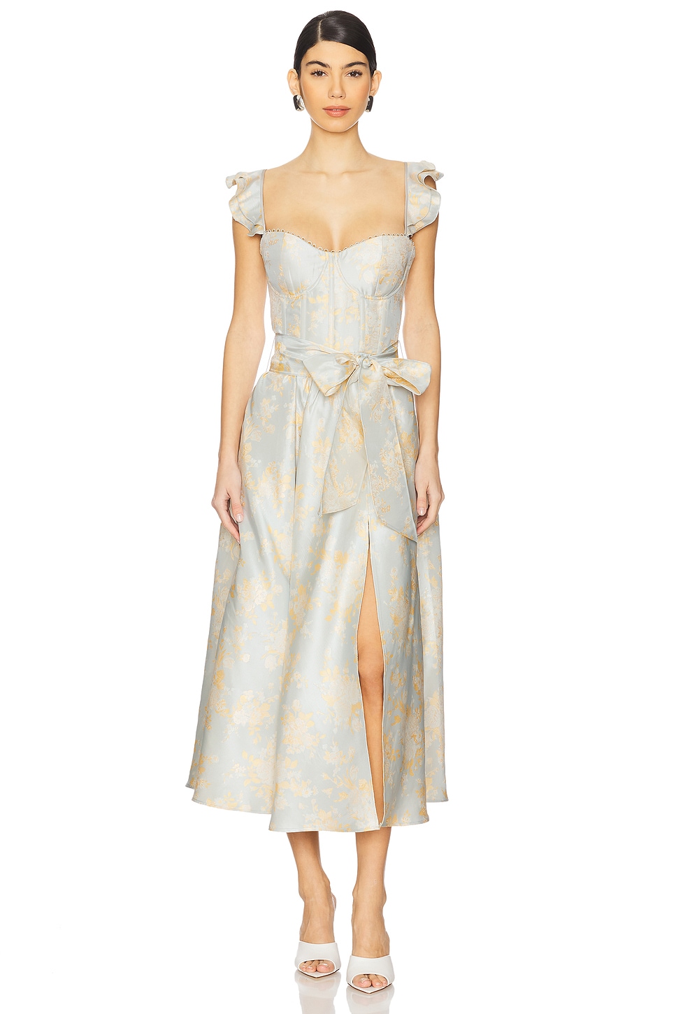 V. Chapman Vera Corset Midi Dress in Sky Windsor Brocade | REVOLVE