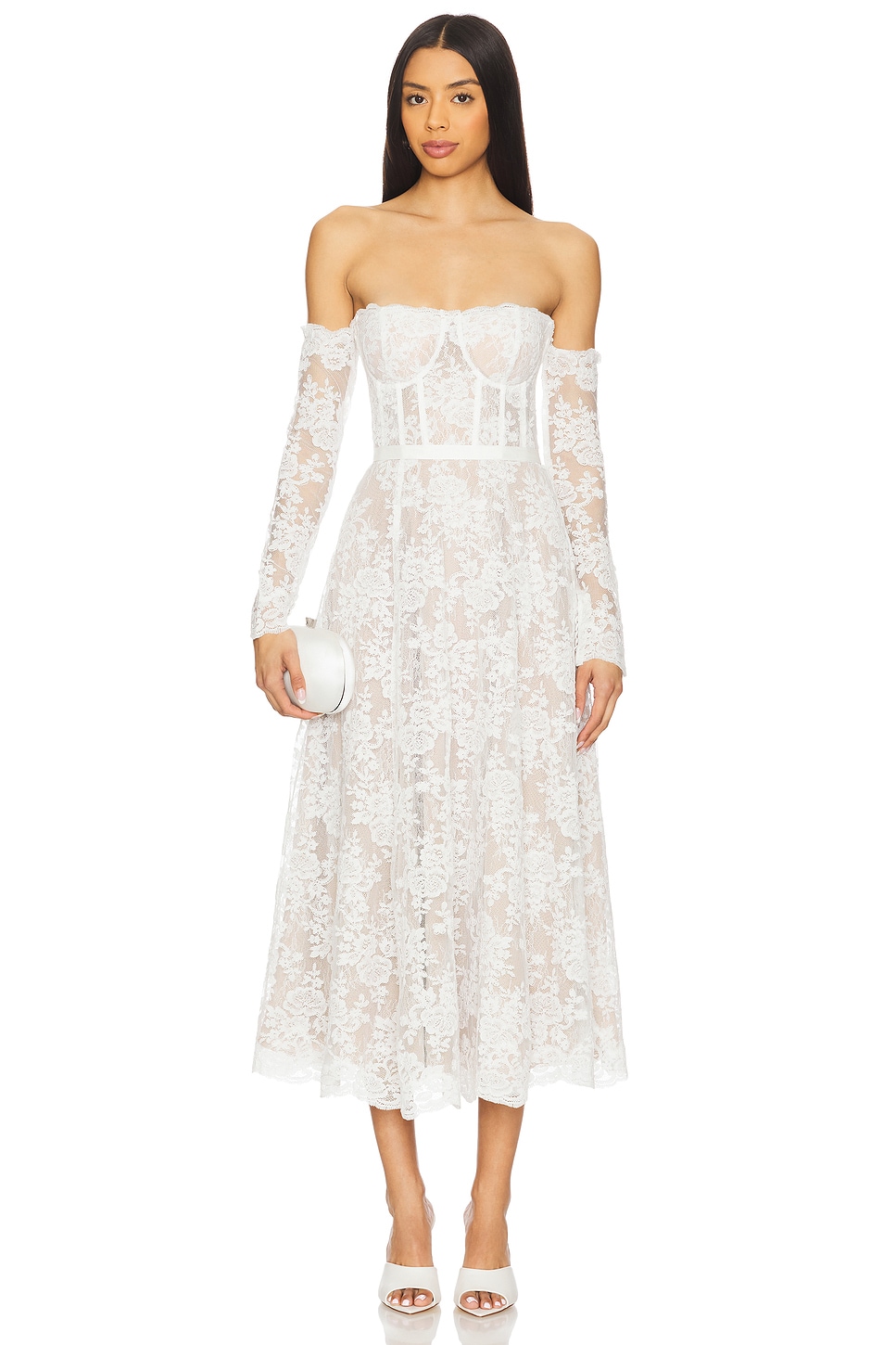 V. Chapman Katherine Midi Dress in White Chantilly Lace | REVOLVE