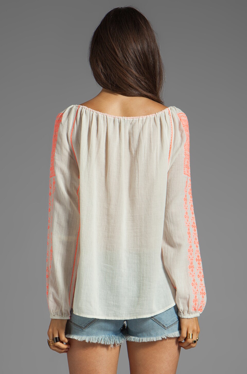 Velvet by Graham & Spencer Adele Embroidered Crinkle Gauze Blouse in Milk/Coral