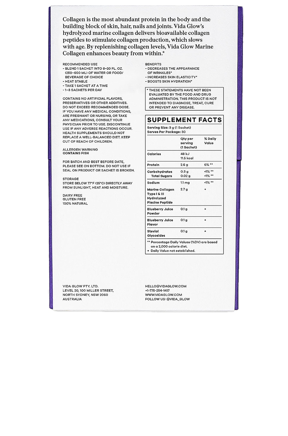 Vida Glow Natural Marine Collagen Sachets Blueberry