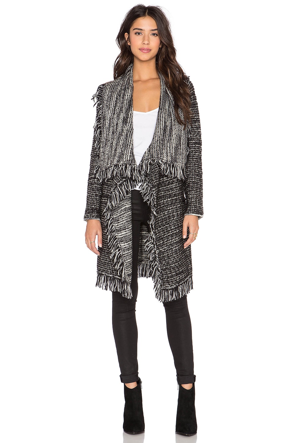 Vince Frayed Edge Drape Front Cardigan In Black White Combo