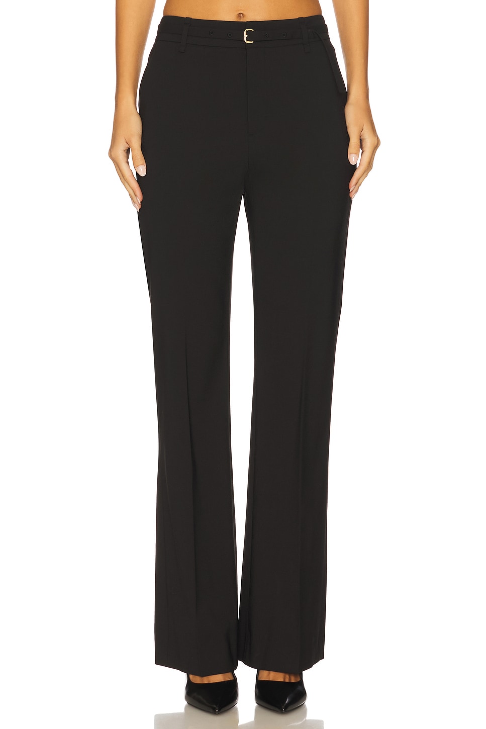Vince High Waist Slim Flare Belted Pant in Black | REVOLVE display picture 1