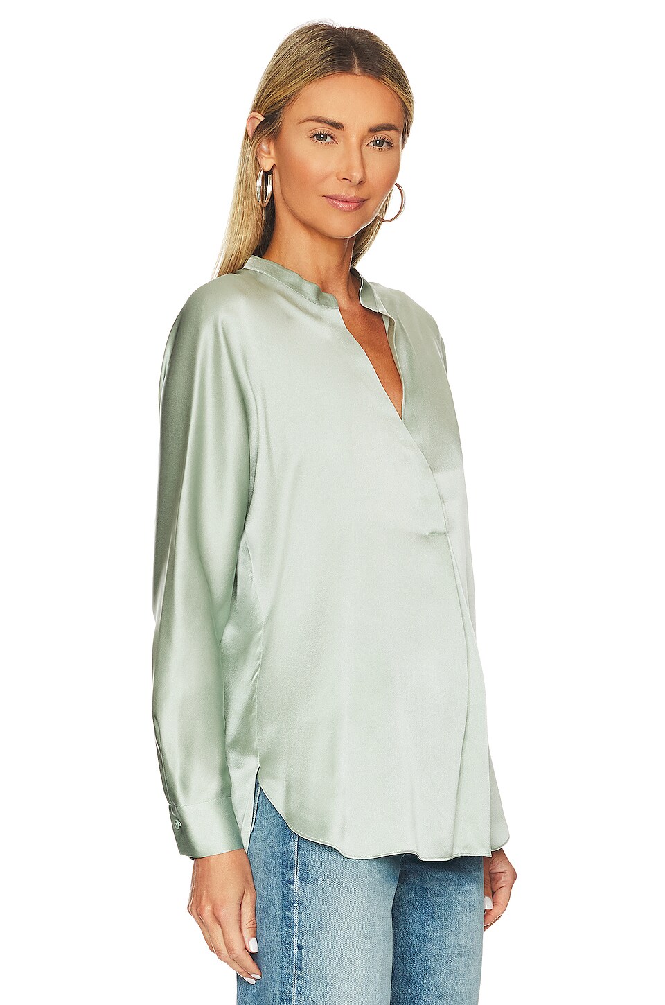 Vince Band Collar Long Sleeve Blouse in Mint Glass