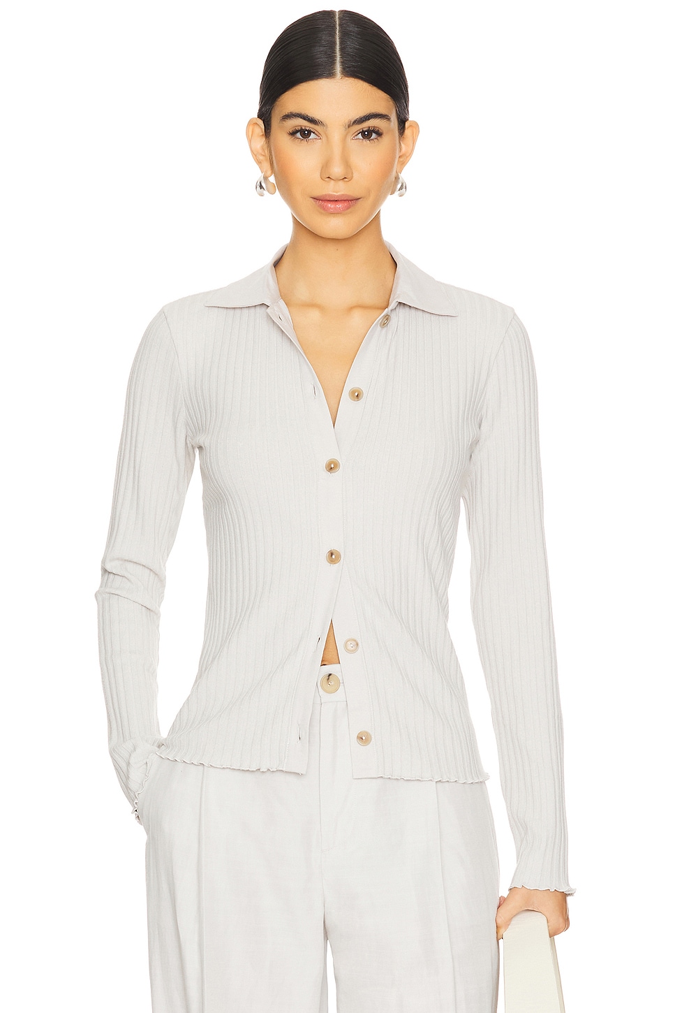 Vince Rib Long Sleeve Button Up Polo in Salt Glass | REVOLVE