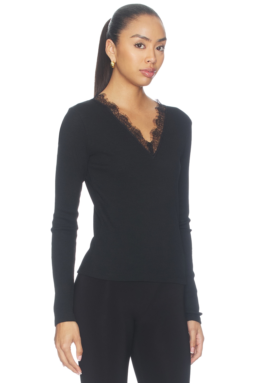 Vince Lace Trim Longsleeve V Neck Top