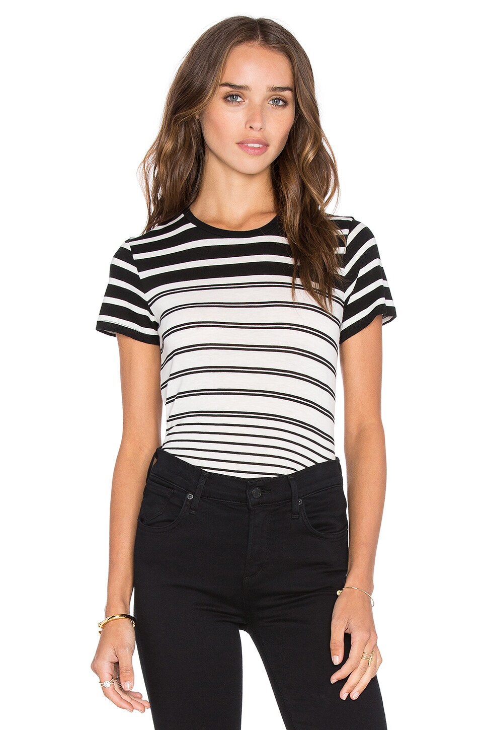 Vince Short Sleeve Engineered Stripe Tee in Black & Off White | REVOLVE