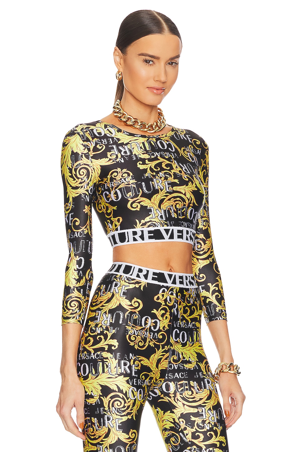Versace Jeans Couture Logo Couture Long Sleeve Top T in Gold & Black