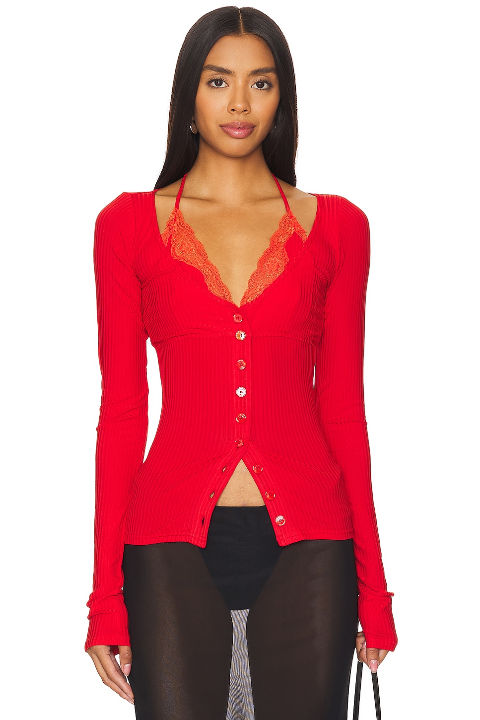 Vaillant Ribbed Jersey Cardigan With Bra Top in Perriand Red