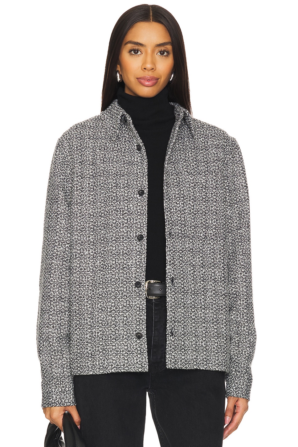 WAO Boucle Tweed Shirt Jacket in black & white | REVOLVE