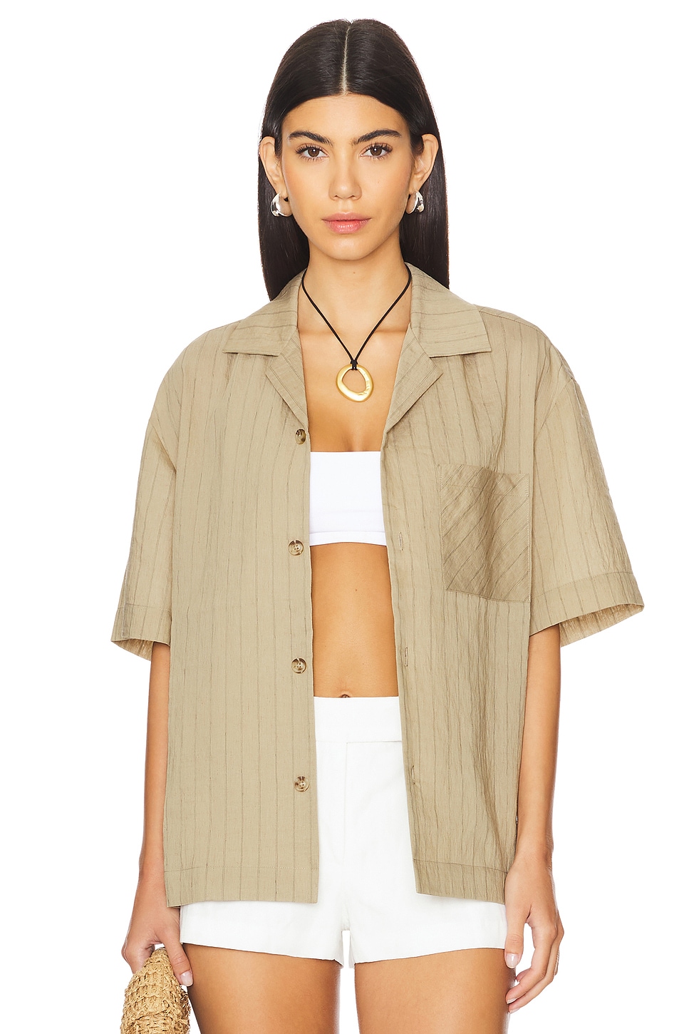 WAO Vertical Stripe Short Sleeve Shirt in Taupe & Black