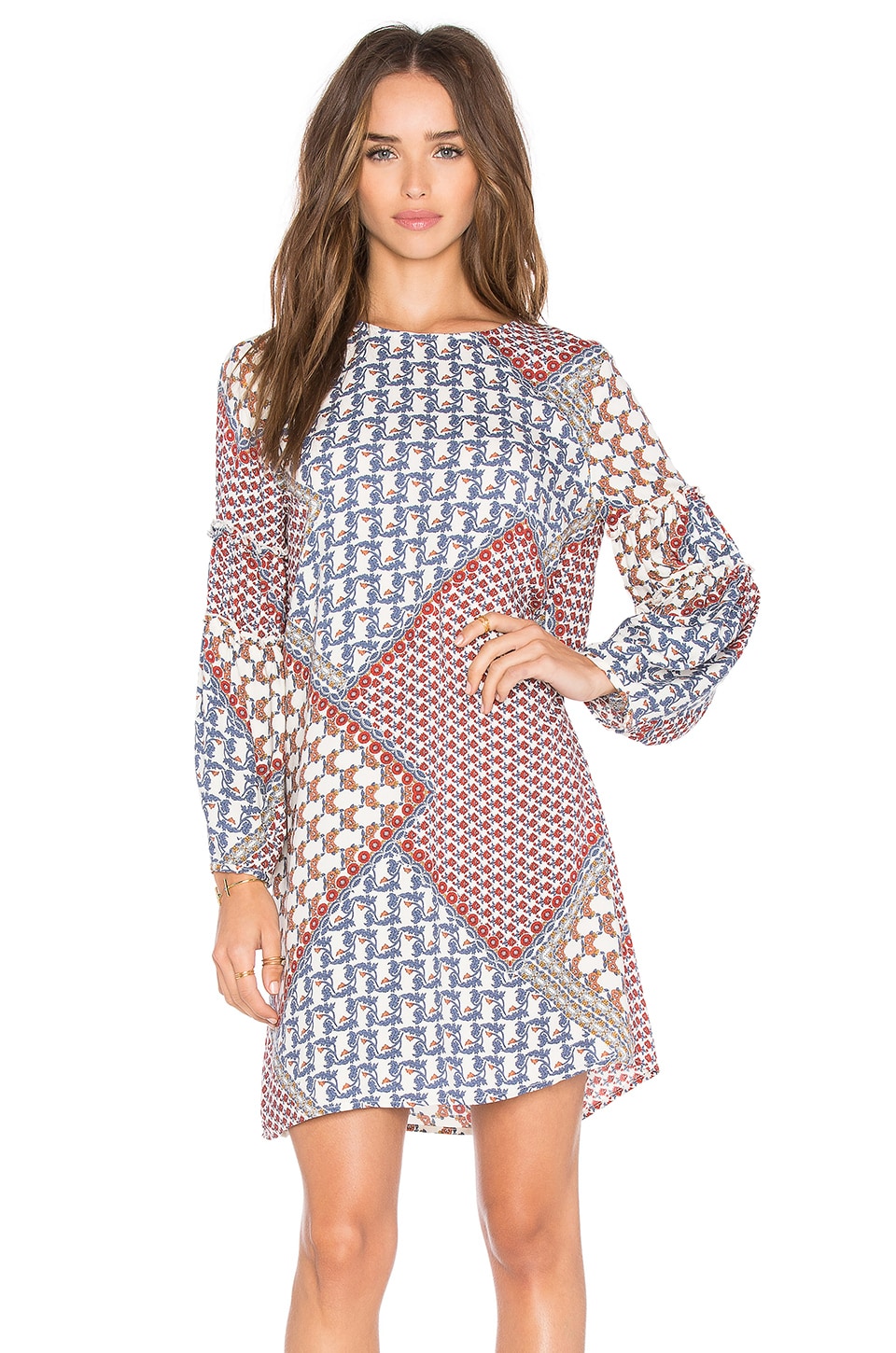 WAYF Ruffle Sleeve Dress in Patchwork Print | REVOLVE