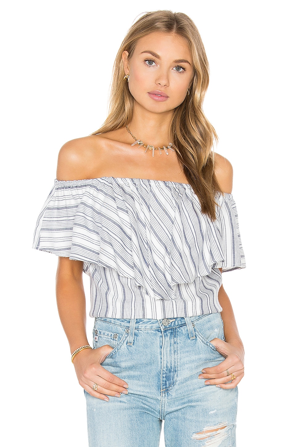 WAYF Ruffle Off Shoulder Top in Navy & White