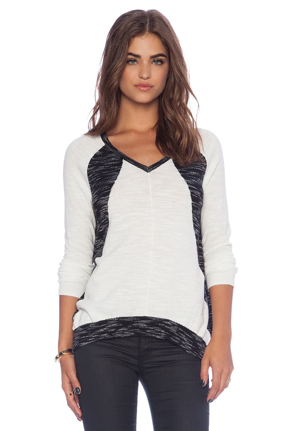 White + Warren Raglan Intarsia V-Neck Sweater in Ivory & Black | REVOLVE