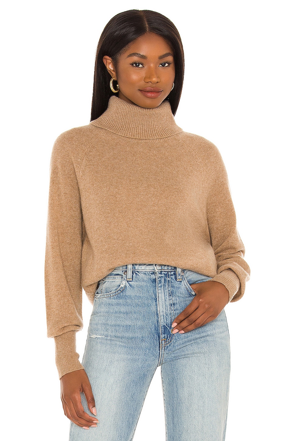 White + Warren Cashmere Ribbed Trim Turtleneck in Camel Heather