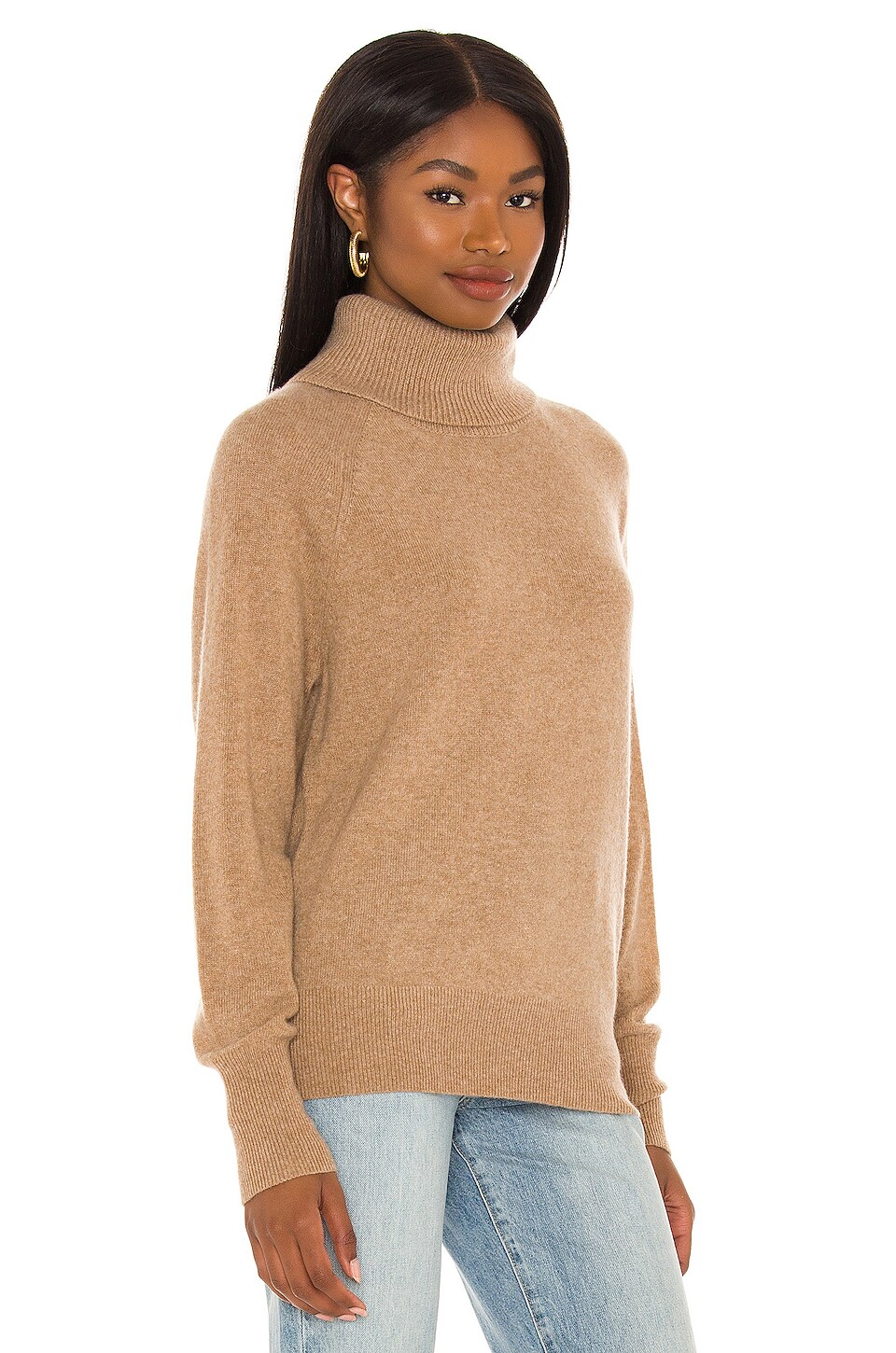 White + Warren Cashmere Ribbed Trim Turtleneck in Camel Heather